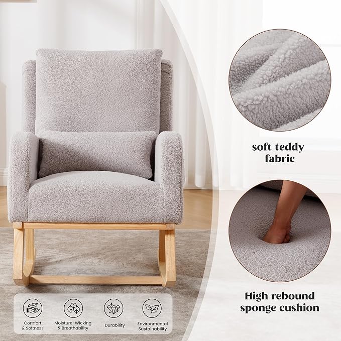 Rocking Chair Nursery, Sherpa Nursing Rocking Chairs, Upholstered Nursery Glider Rocker for Mom Nursery Morden Accent Rocking Chair Pillow for Living Room,Bedroom,Teddy Light Grey