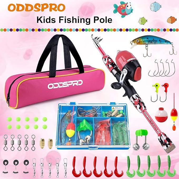 ODDSPRO Kids Fishing Pole Pink, Portable Telescopic Fishing Rod and Reel Combo Kit - with Spincast Fishing Reel Tackle Box for Girls, Youth