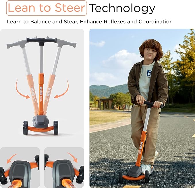 KUB Toddler Scooter for Kids Ages 2+, 3 Wheel Kick Scooter with LED Light-Up Wheels, Adjustable Height Handlebar, Lean-to-Steer, Anti-Slip Deck, Easy-Fold Design, Gift for Boys and Girls