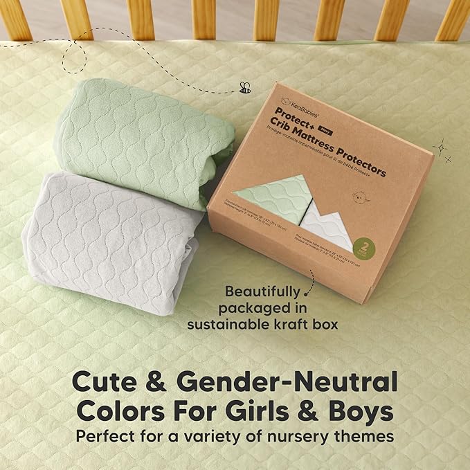 Waterproof Crib Mattress Protector Cover Fitted - 2-Pack Quiet Baby Crib Mattress Pad Sheets, 52" x 28" Soft Quilted Cotton Baby Sheet, Machine Washable, Easy Fit, Durable (Sage/Mavy)
