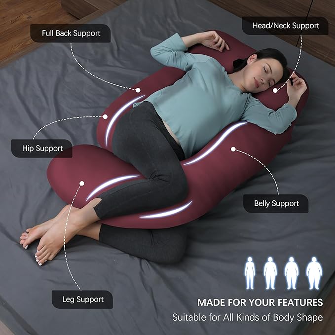 MOON PARK Pregnancy Pillows for Sleeping - U Shaped Full Body Maternity Pillow with Removable Cover - Support for Back, Legs, Belly, HIPS - 57 Inch - Burgundy - Cooling Cover