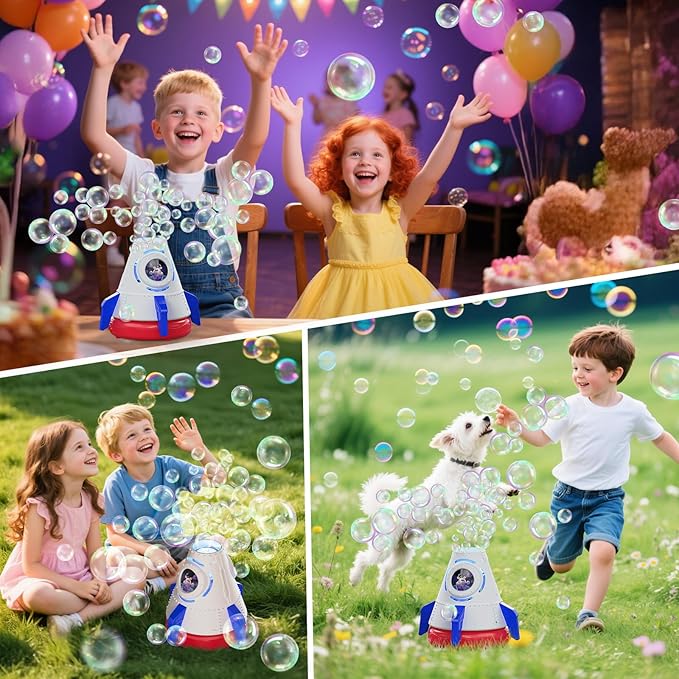 Rocket Bubble Machine for Kids with Lights, 360° Rotating Bubble Blower Toy with 10 Refill Solutions, Bubble Maker for Toddlers, Fun Outdoor Party Gift for Boys & Girls Blue