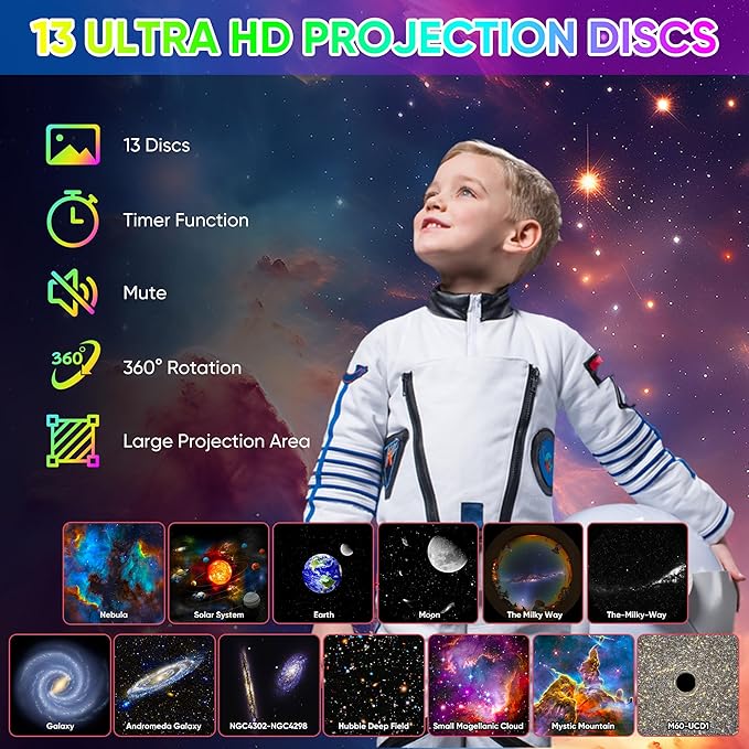 Galaxy Projector - 13 in 1 HD Planetarium Star Projector for Bedroom, 360 Rotating Galaxy Light with Adjustable Knob and Timer for Kids, Ceiling, Gifts, Room Decoration