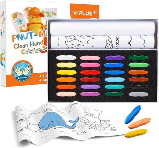 YPLUS Peanut Crayons Set for Kids, Art Case with 24 Colors Crayons and Wall Sticker Paper Rolls, Non-Toxic Toddler Coloring Supplies Stocking Stuffers for Kids Toddler