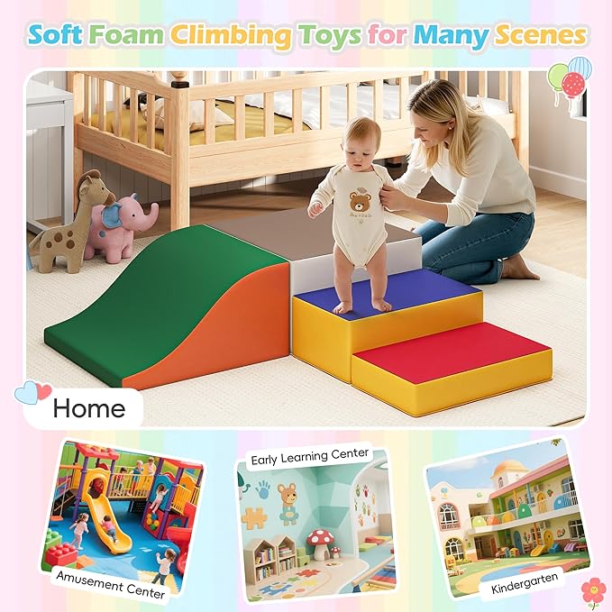 Soft Climbing Toys for Toddlers, Soft Foam Climbing Blocks, PU Leather Gym Climb & Crawl Soft Activity Playset, Indoor Climbing Toys Equipment for Kids and Children, Classic Grey, Macaron
