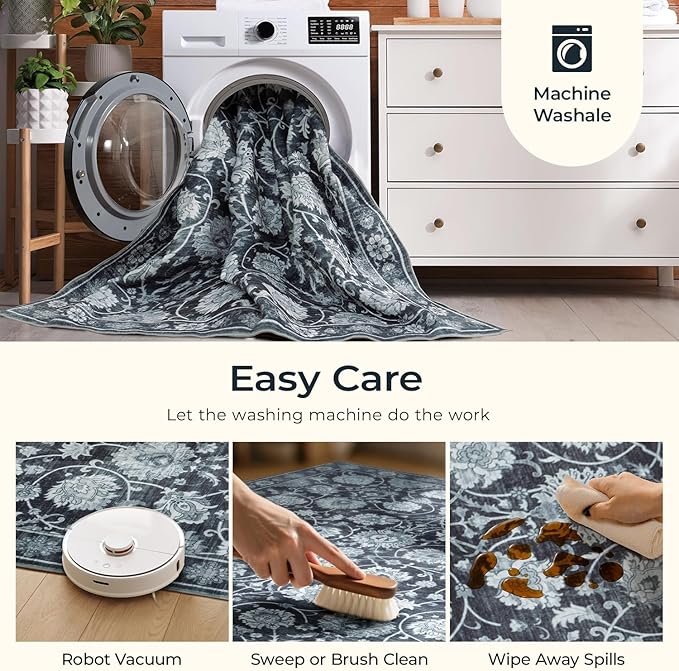 Black 8x10 Area Rugs for Living Room, Washable Large Bedroom Rug, Soft Non Slip Floral Carpet, Stain Resistant Low Pile Carpets for Indoor Under Table Dining Home Office Nursery, Black