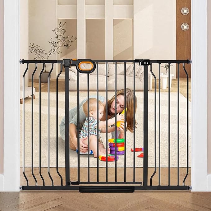 owlie 37.4" Extra Tall Wide Baby Gate for Stairs Doorways,29-52 Inch Extra Large Long Baby Gate with Door Indoor Safety Metal Pressure Mounted Pet Gate with Walk-Thru Auto Close, Black
