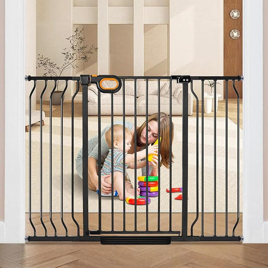 owlie 37.4" Extra Tall Wide Baby Gate for Stairs Doorways,29-52 Inch Extra Large Long Baby Gate with Door Indoor Safety Metal Pressure Mounted Pet Gate with Walk-Thru Auto Close, Black