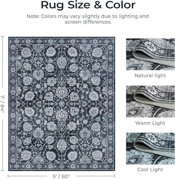 Area Rug 5x7 for Living Room & Bedroom, Large Washable Rugs, Soft & Non Slip, Vintage Carpet, Low Pile Wool Carpets for Indoor Under Table Dining Home Office Nursery Playroom, Black