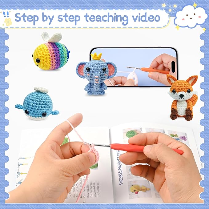 VICWARLWX 6 Pack Crochet Kit for Beginners Kids, Crochet Animal Kit for Kids, Knitting Kit for Beginners, Crochet Starter Kits, Animal Craft Knitting Crocheting Kits with Step-by-Step Video Tutorials