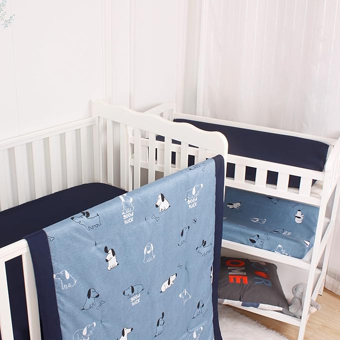 CaSaJa 4-Piece Crib Bedding Set for Boys and Girls, Nursery Baby Bedding Set Including Quilted Comforter with Fitted Crib Sheet and Changing Pad Covers, Reversible Quilt Design, Good Luck Puppy