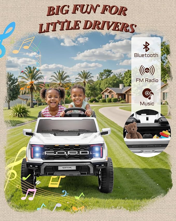 24V Kids Ride On Truck, Licensed Ford F-150 Raptor 2 Seater Electric Car w/Remote Control, Toddler Ride On Car Toys w/LED Lights, Bluetooth, Music, Truck Bed Storage, Soft Start (White)