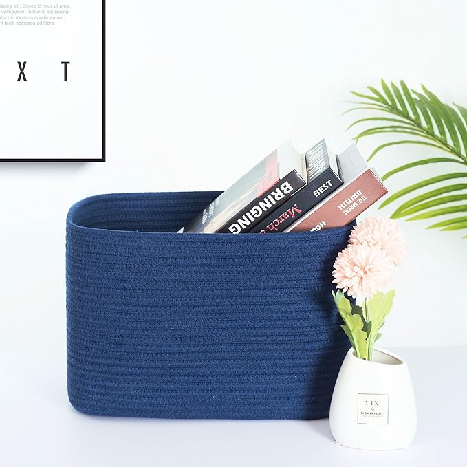 MINTWOOD Design 3-Pack Decorative Woven Storage Baskets for Shelves, Cube Bin Box for Organizing Books, Shoes, Dog Toys, Pantry Closet and Living Room Organizer, Navy Blue