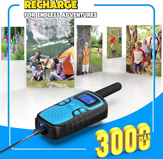 Wishouse Walkie Talkies for Kids Rechargeable Long Range,Xmas Birthday Gift for 4 5 6 7 8 9 Year Old Boys Girls,Hiking Gear Camping Games Cool Toys with NOAA,SOS Siren,Lamp,Lanyards,2 Pack Blue Yellow