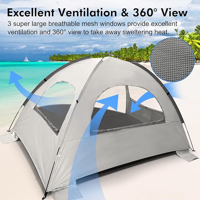 WhiteFang Beach Tent Anti-UV Portable Sun Shade Shelter for 3/4/6/8 Person, Extendable Floor with 3 Ventilating Mesh Windows Plus Carrying Bag, Stakes and Guy Lines