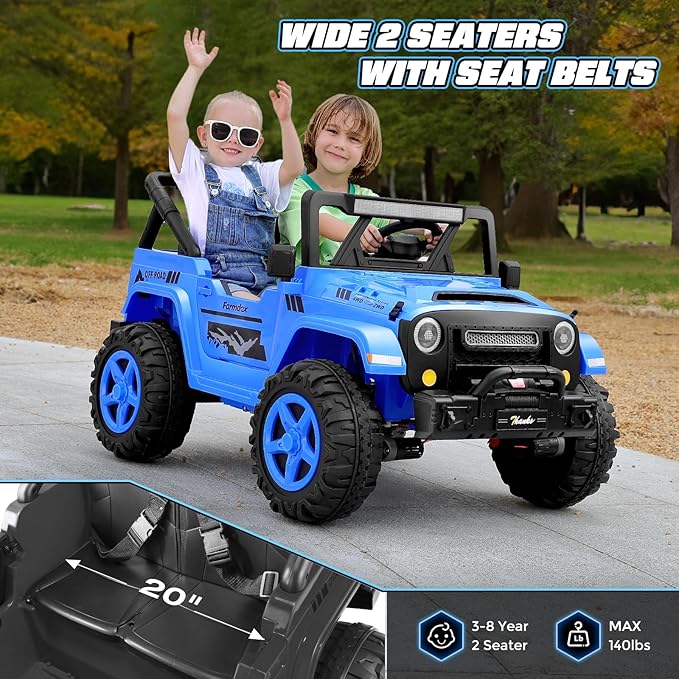 Hikole 24V Kids Ride on Car - 2 Seater, 4WD/2WD Switch, 4x200W Motor, Remote Control, 3 Speeds, LED Lights, Safety Belt, Off-Road Electric Vehicles for Boys Girls, Blue