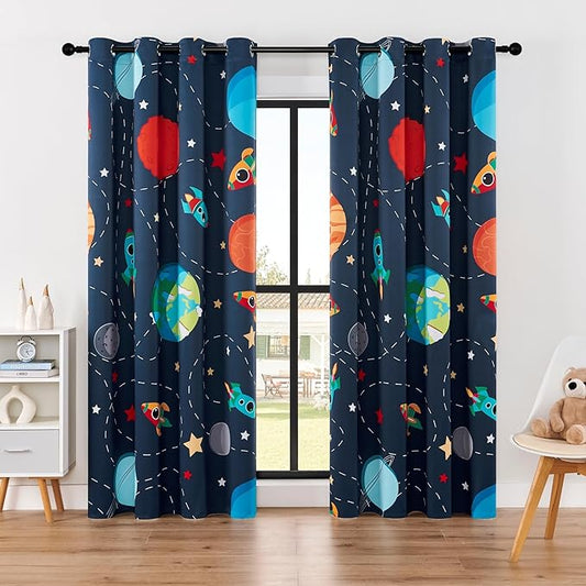 Kids Space Themed Blackout Curtains - 100% Blackout Perfect for Kids Room, Spark Kids Imagination with Vibrant Cosmos Designs, Noise Reduction, Thermal Insulated, (2 Panels W52×L84)