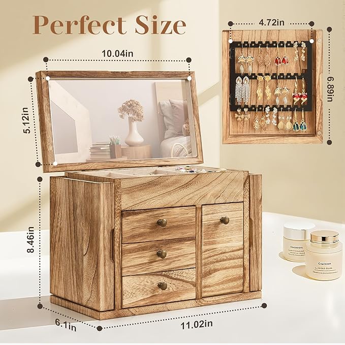 Jewelry Box Organizer, Solid Wood Jewelry Boxes fow Women with Mirror, Double Layer Jewelry Organizer Box Display Earring Necklace Bracelet Ring, Rustic Style Small Jewelry Box for Girls