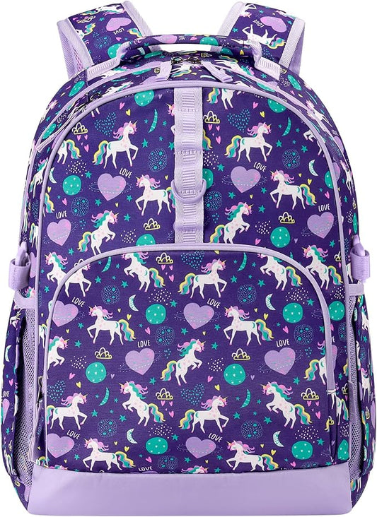 Choco Mocha Unicorn Backpack for Girls, Elementary School Backpack for Girls Ages 6-8 Kids Kindergarten Backpack Bookbag 17 Inch with Chest Strap, Planet Purple