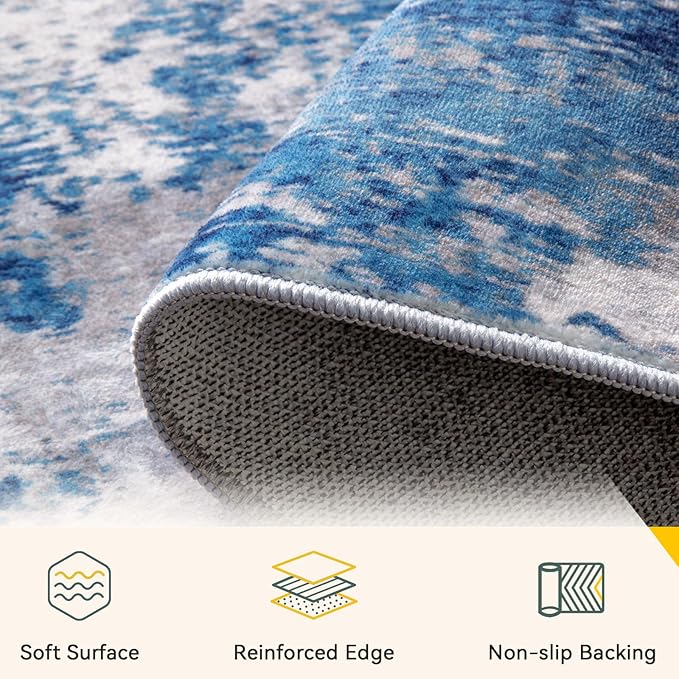 Washable Area Rugs 2'x8' Non-Slip Modern Abstract Soft for Living Room Entryway Bedroom Nursery, Print Pattern, Blue Grey Navy Gray