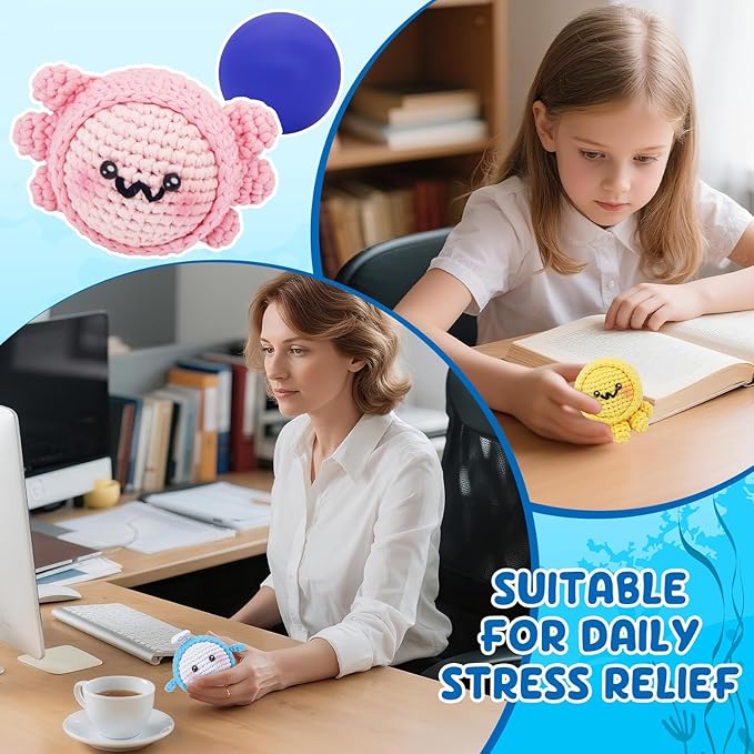 WaldyWop Crochet Kit for Beginners: 3PCS Crochet Animal Kits w/Stress Balls, Step-by-Step Video Tutorials - Wobbles DIY Craft Kit for Adults Kids - Gifts for Girls&Women (Dolphin, Octopus, Axolotl)