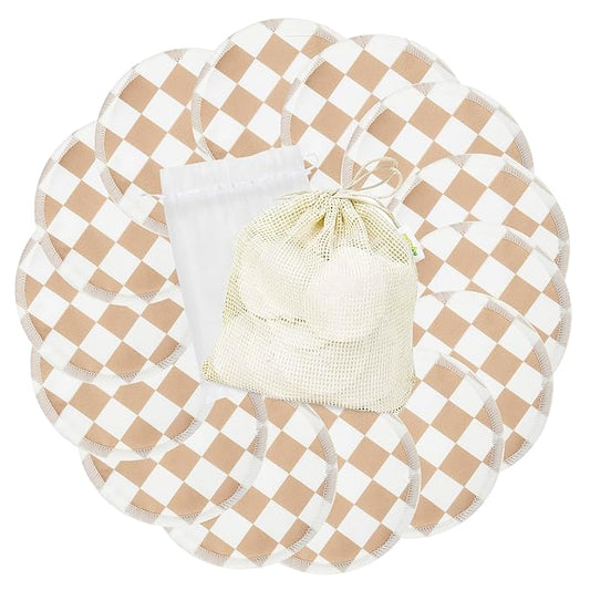 wegreeco Nursing Breast Pads (14 Pack) + Laundry Bag & Travel Storage Bag, 4.7 inch Option - Washable & Reusable Breastfeeding Nursing Pads (Light Coffee Checkerboard, Large, Plain Shape)