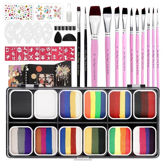 Professional Face Painting Kit for Kids Adults-12*10g Non Toxic Water Activated Face Paint Kit With Brushes,Stencils，Gem Stickers;Halloween,Carnival;Water Based Facepaint Makeup Kit for Kids Party