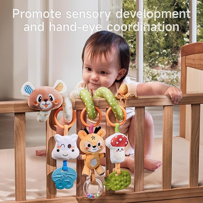 TUMAMA Baby Activity Toy Cute Bear Spiral Toy with Hanging Toys, Clips Detachable Sensory Stimulating Baby Toys 0-3 3-6 Months for Newborn Strollers Bassinets Crib Carseat