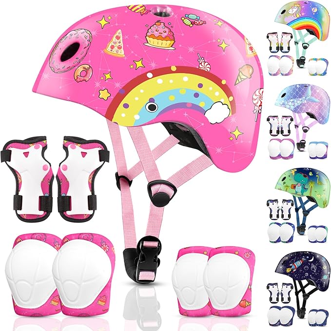 Vvinca Kids Toddlers Bike Helmet Adjustable for Ages 3-5-8 Years, Knee Pads and Elbow Pads Set Wrist Guard Sports Protective Gear Set for Roller Skate Bicycle Skateboard Scooter Girl Boy Birthday Gift
