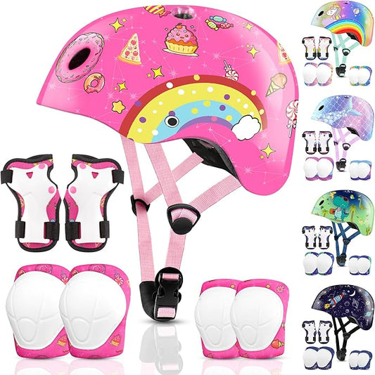 Vvinca Kids Toddlers Bike Helmet Adjustable for Ages 3-5-8 Years, Knee Pads and Elbow Pads Set Wrist Guard Sports Protective Gear Set for Roller Skate Bicycle Skateboard Scooter Girl Boy Birthday Gift