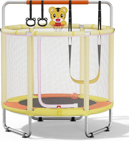 55” Trampoline for Kids, Powder-Coated Mini Trampoline for Toddlers, Indoor Outdoor Toys with Adjustable Gymnastics Bar, Swing, Basketball Hoop, Birthday Gifts for Boys & Girls Ages 1-8