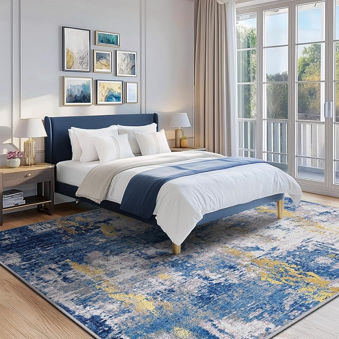 Washable Area Rugs 8'x10' Non-Slip Modern Abstract Soft for Living Room Entryway Bedroom Nursery, Print Pattern, Grey Blue Gold/Golden