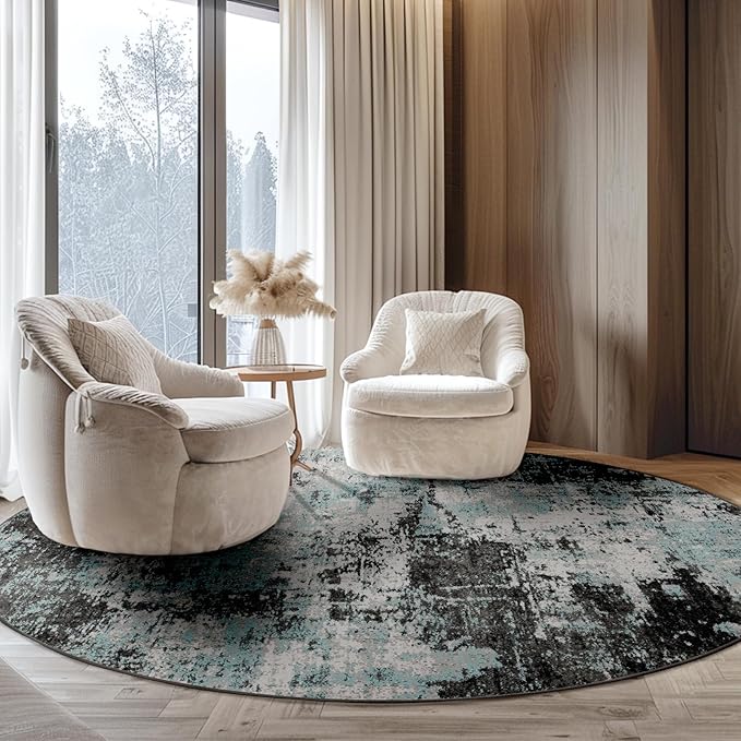 Washable Area Rugs 6ft Non-Slip Modern Abstract Soft for Living Room Entryway Bedroom Nursery, Print Pattern, Blue Black Teal