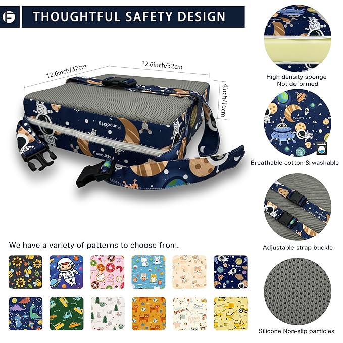 Toddler Booster Seat for Dining Table, Portable Booster Seat for Kitchen Chair, 4 Inch High-Density Foam Cushion with Adjustable Safety Straps and Non-Slip Bottom, Perfect for Kids Travel and Daily