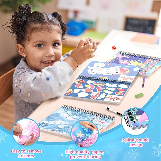 PERRYHOME 3PCS Sticker by Number Paint Books for Girls Ages 4-8, Unicorn Mermaid Frozen Themes Sticker Activity Books, Girls Crafts Party Birthday Christmas Gifts Toys