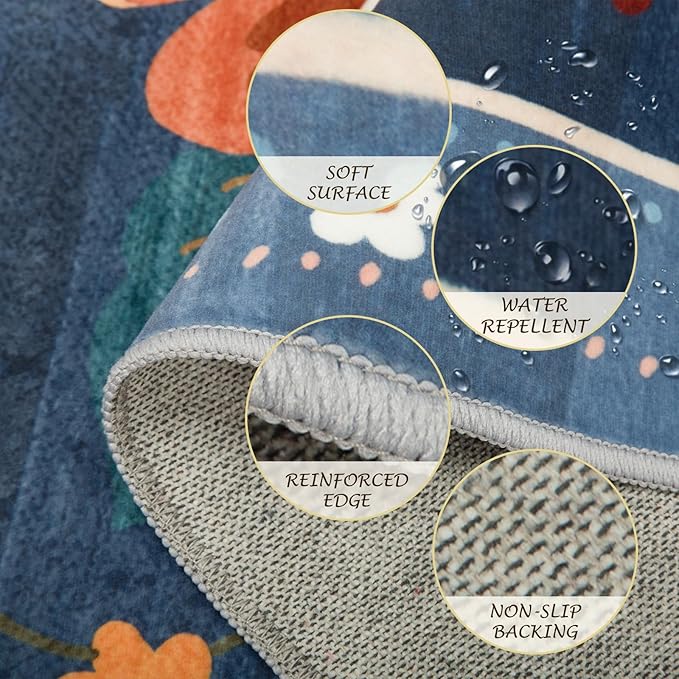 Floral 2x6 Area Rug Machine Washable Soft Print Boho Carpet Non Slip Doormat Low Pile Flower Area Rugs for Living Room Bedroom Nursery Kitchen Dining Room Indoor-Blue/Grey