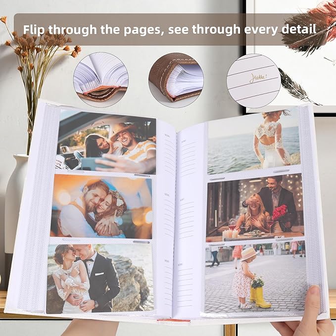 RECUTMS Photo Album with Writing Space 4x6 300 Pockets Photo Book,Leather Cover Picture Album with Memo Areas for Wedding Anniversary Family Baby Couple Valentines Graduation Travel (White)