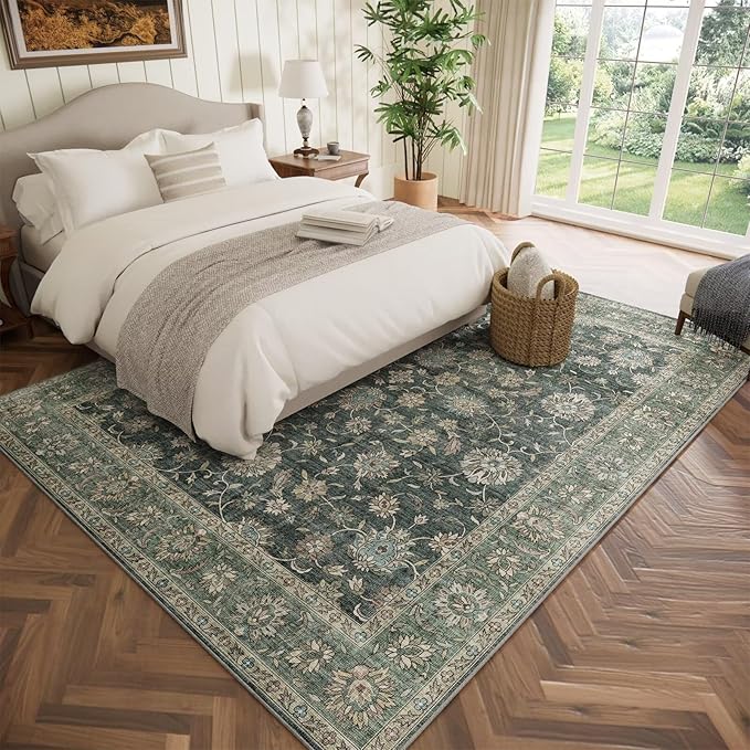 Washable 6x9 Area Rugs for Living Room, BoHo Non-slip Silicone Backing Large Rugs for Bedroom Dining Room Nursery Office, 0.3" Neutral Oriental Throw Carpet with 0.16" Cushioning Pad, Sage Green/Multi