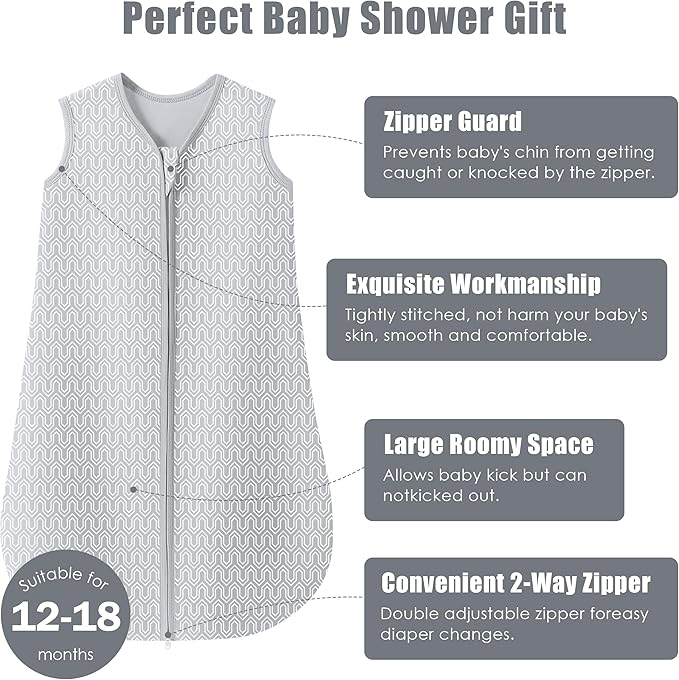 SWEET DOLPHIN Baby Sleep Sack 12-18 Months - 100% Cotton 2-Way Zipper TOG 0.5 Infant Wearable Blanket, Newborn Essentials Toddler 3 Pack Sleeping Sacks - Grey