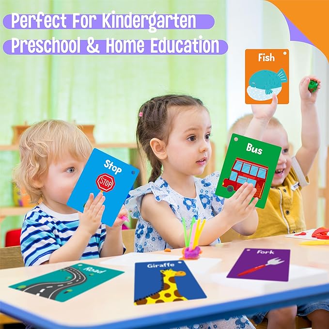 50 PCS First Word Flashcards, Double Sided Learning Cards Alphabet, Foods, Animals, Shapes, Colors, Vehicle, Body Parts with 2 Reclosable Rings, Learning Tool for Pre-K Kindergarten Toddlers