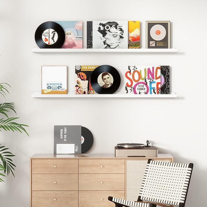 Picture Ledge Shelf, Floating Shelves Set of 2, Solid Pine Wood 55'' Long Large Nursery Book Shelves for Toys Storage, Kids Bookshelf for Living Room Bedroom Decor Books Photo Frames, White