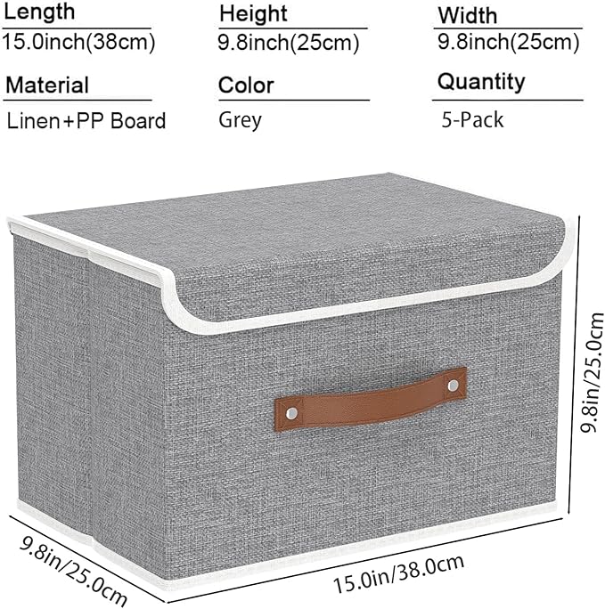 Yawinhe Collapsible Storage Bin, Cube Organizer Basket, Fabric Box with Lids, Washable and Leather Handle, for Home, Closet, Grey, 15.0''Lx9.8''Wx9.8''H, 5-Pack, USNK024GL-5