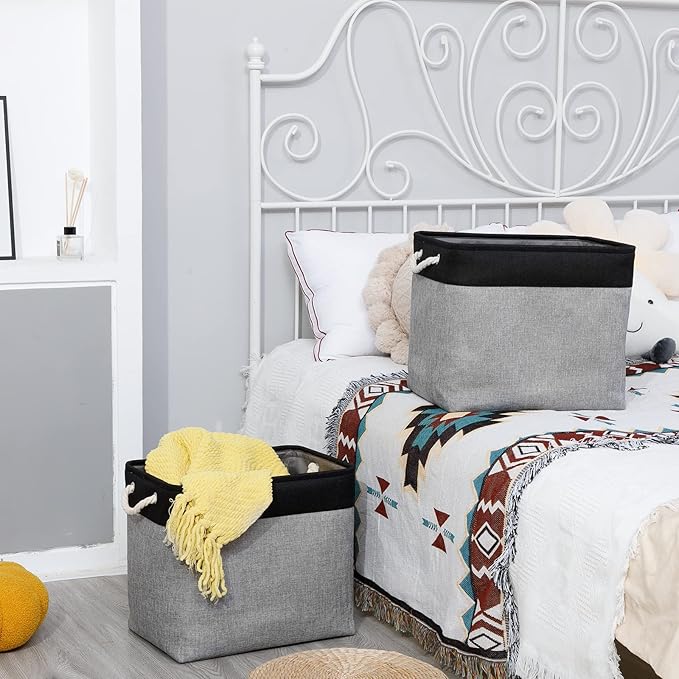 Bidtakay Storage Baskets Extra Large Baskets for Organizing Grey Rectangle Laundry Basket Linen Fabric Bins Set of 2 Clothes Baskets for Closet Shelves Hallway Bedroom Toy Organizer 17x12x15 In