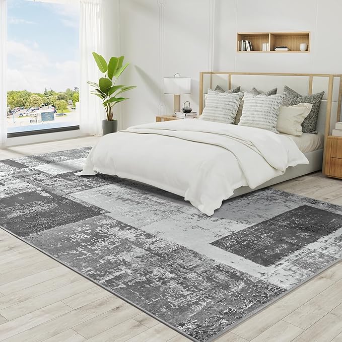 LOCHAS Rug for Living Room, Washable Soft Area Rugs for Bedroom 4x6, Abstract Carpet for Indoor Office Kids Dining Room Nursery Floor, Grey Geometric Vintage Home Decor, Non Slip, Pet Child Friendly