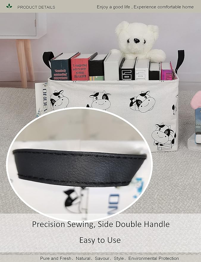 Rectangular Folding Laundry Basket,Canvas Basket,Nersury Hamper,Suitable for Children,Office,Bedroom,Clothes,Toys Storage (REC Cow), 14.9’’L ×10.2’’W×9.05’’H inches