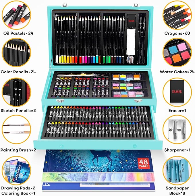 iBayam Art Supplies, 150-Pack Deluxe Wooden Art Set Crafts Drawing Painting Kit with 1 Coloring Book, 2 Sketch Pads, Creative Gift Box for Adults Artist Beginners Kids Girls Boys