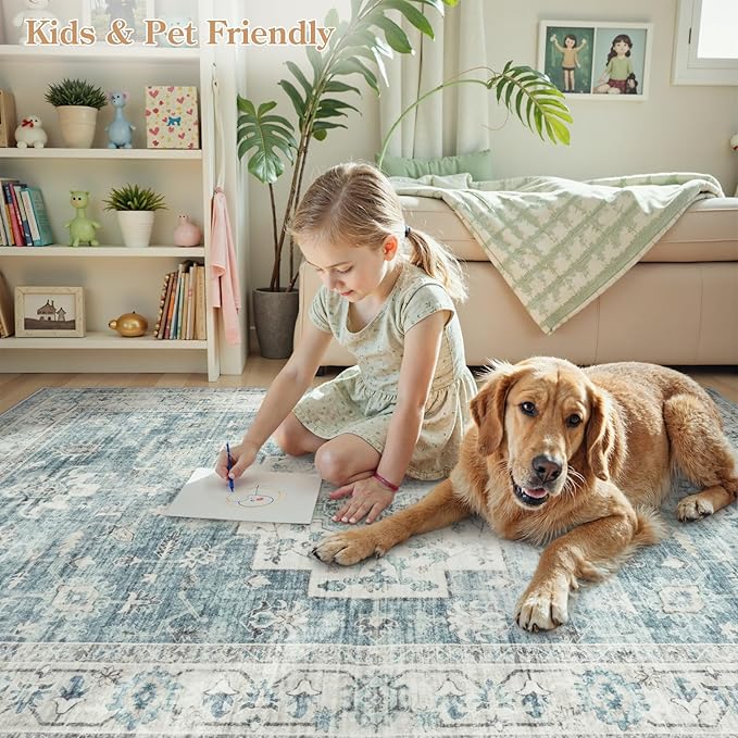 LIVEBOX Bedroom 4x6 Washable Area Rug for Entryway Kitchen, Non-Slip Soft Boho Rugs for Dining Room Office, Farmhouse Low-Pile Neutral Soft Carpet for Nursery Room Playroom, Blue