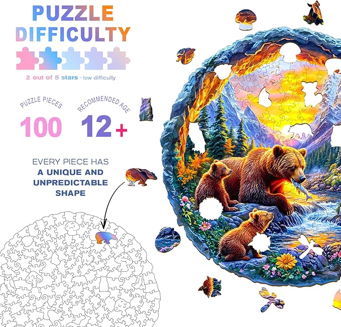 Wooden Puzzles for Adults and Kids - Bear Family Wooden Jigsaw Puzzle - Unique Animal Shaped Wood Puzzles Adult - Creative Birthday Gift Family Game100pcs