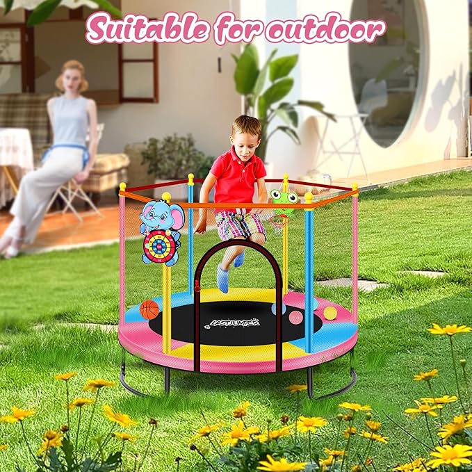 Pink Indoor Trampoline for Kids 2-5, 5ft Mini Indoor & Outdoor Small Toddler Trampoline with Net and Basketball Hoop