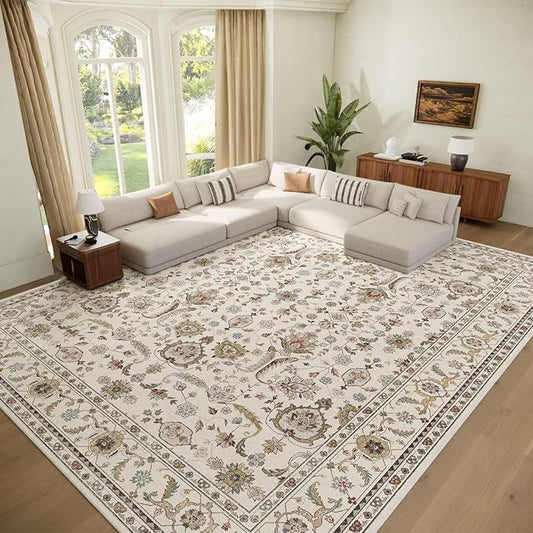 Washable 10x14 Area Rugs for Living Room, Boho Non-Slip Silicone Backing Rugs for Bedroom Dining Room Office, 0.3" Neutral Oriental Throw Carpet with 0.16" Cushioning Pad, Light Beige/Multi